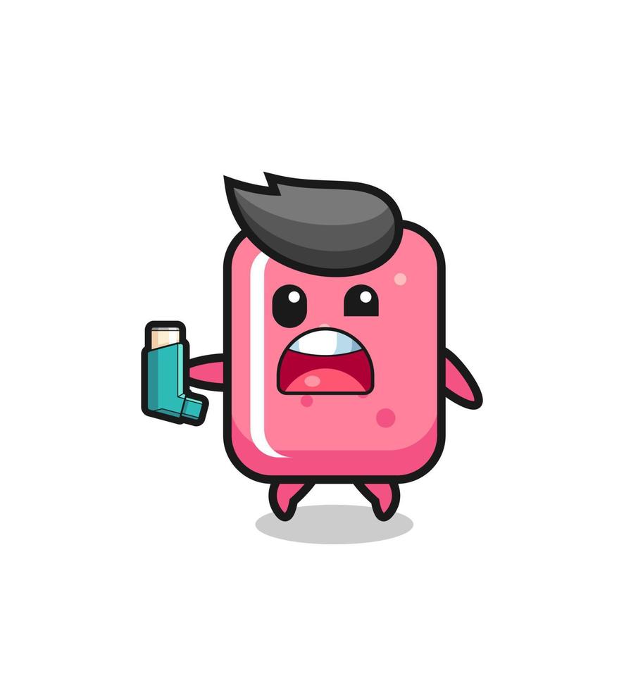 bubble gum mascot having asthma while holding the inhaler vector