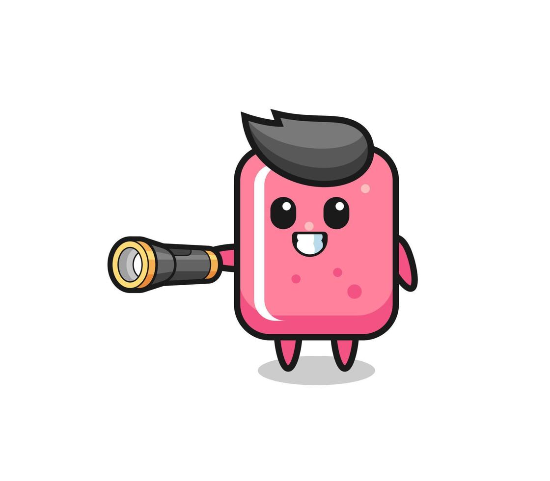 bubble gum mascot holding flashlight vector