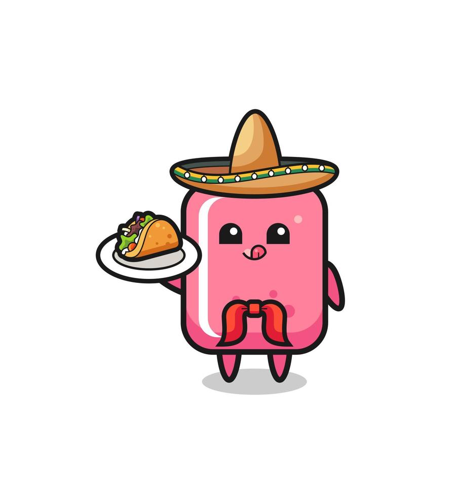 Mascota del chef mexicano de chicle sosteniendo un taco vector