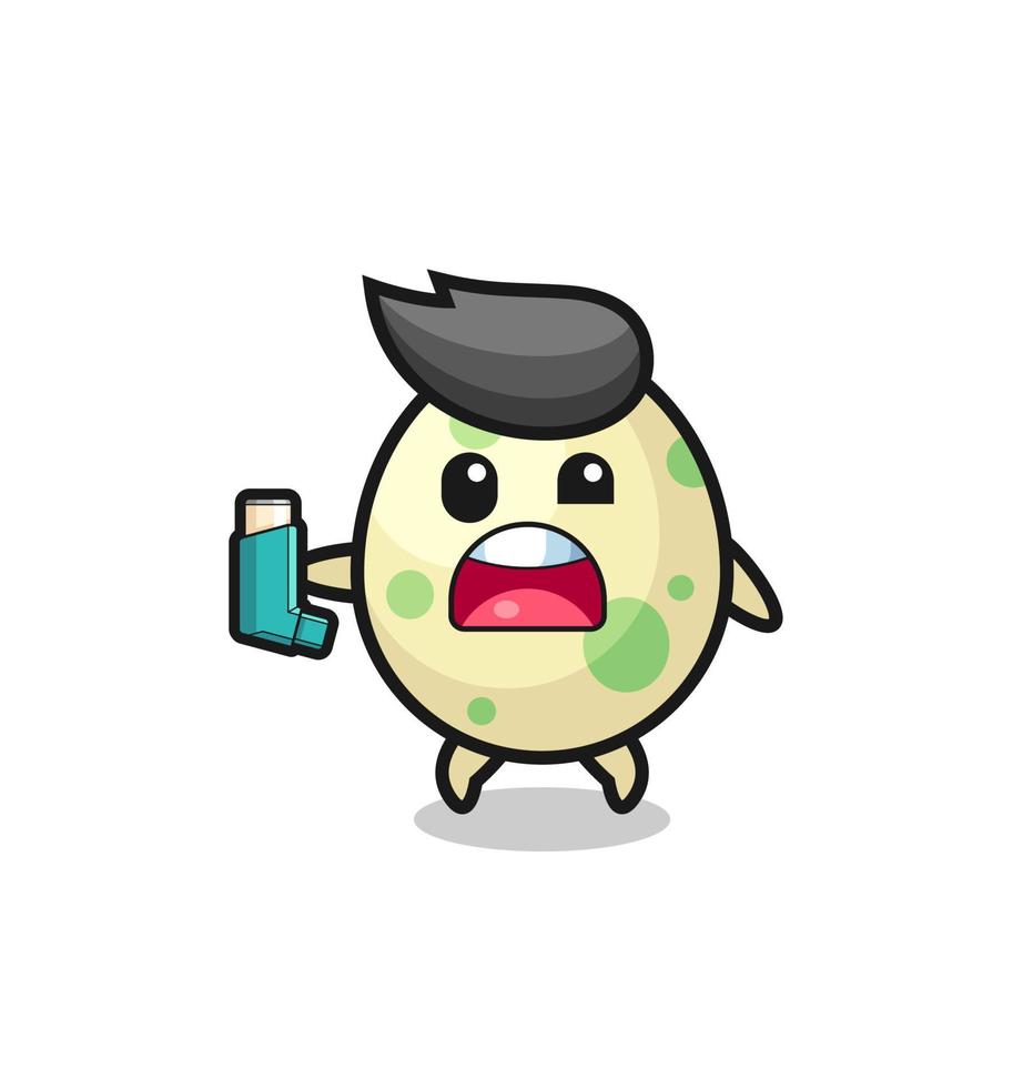 spotted egg mascot having asthma while holding the inhaler vector