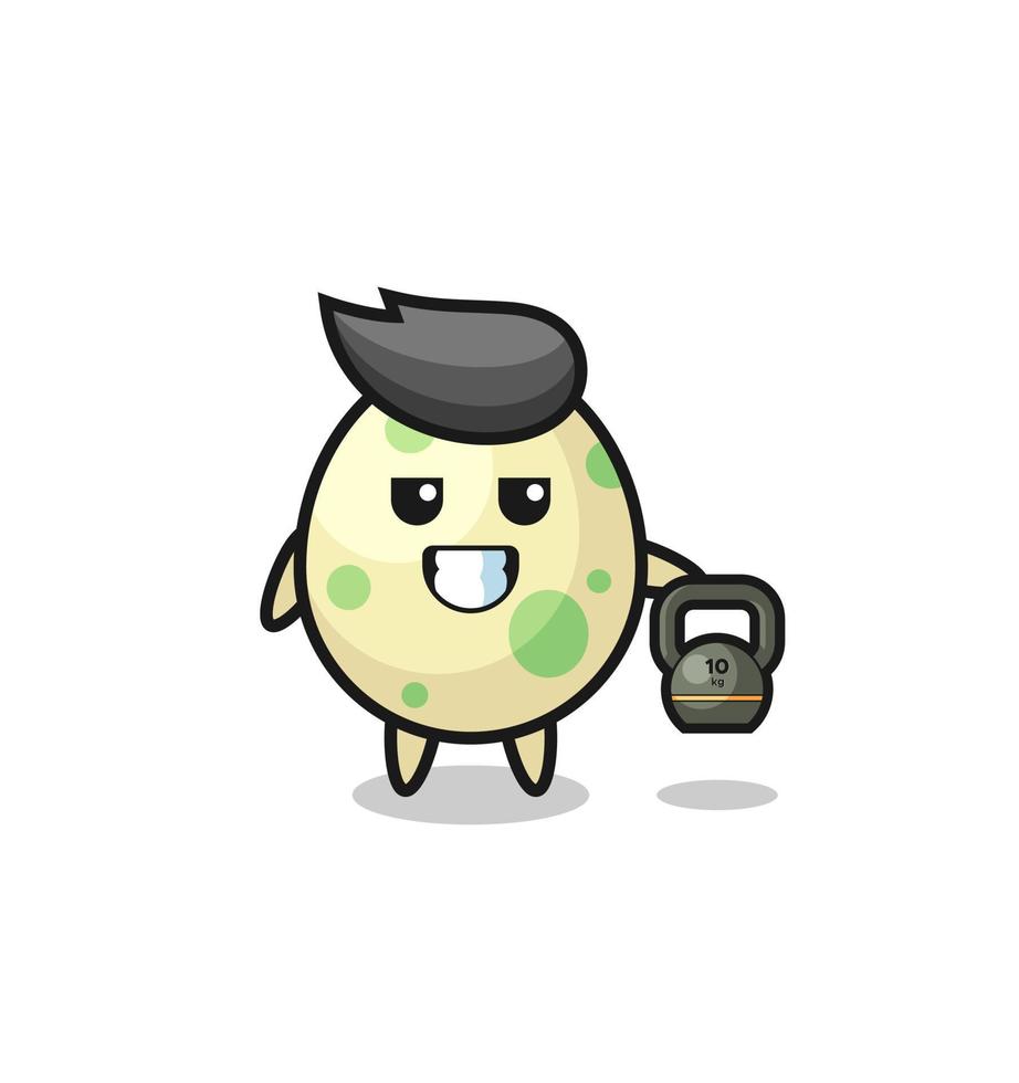spotted egg mascot lifting kettlebell in the gym vector