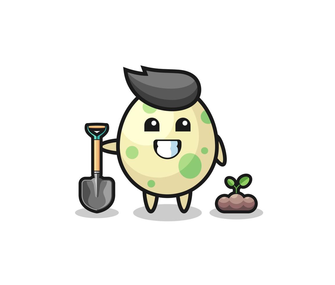 cute spotted egg cartoon is planting a tree seed vector