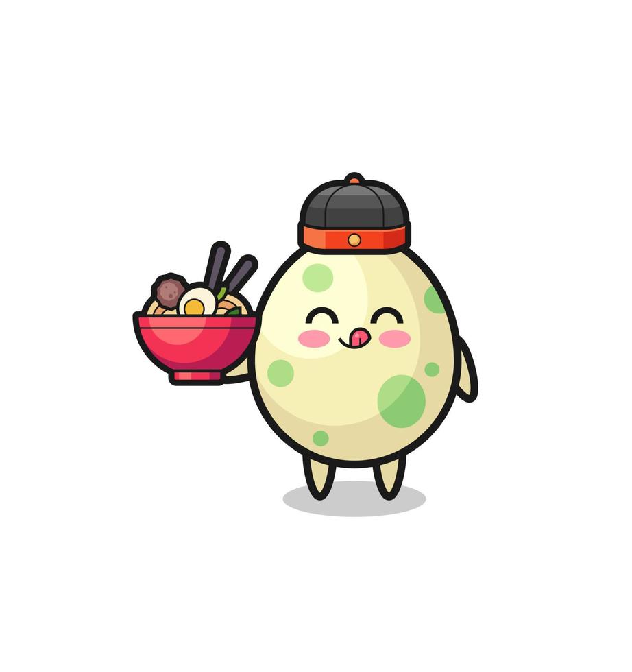 spotted egg as Chinese chef mascot holding a noodle bowl vector