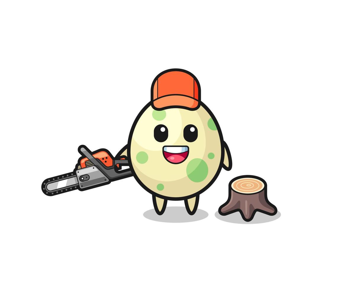 spotted egg lumberjack character holding a chainsaw vector