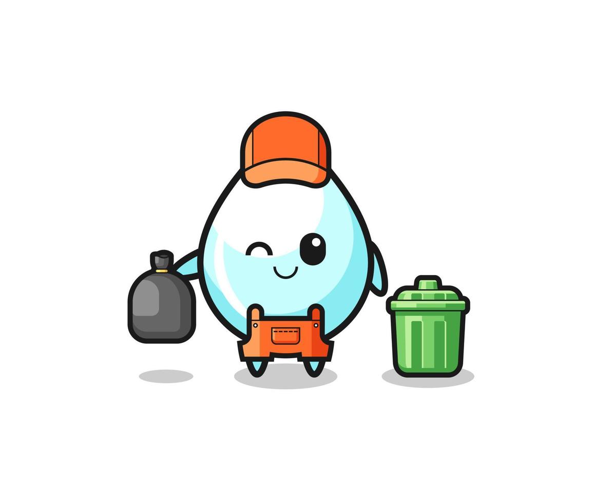 la mascota de la linda gota de leche como recolector de basura. vector