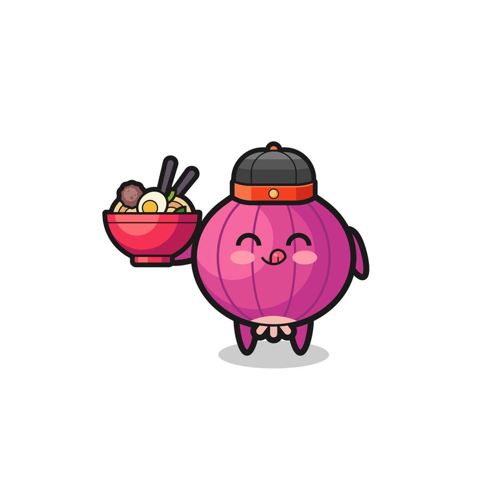 onion as Chinese chef mascot holding a noodle bowl vector