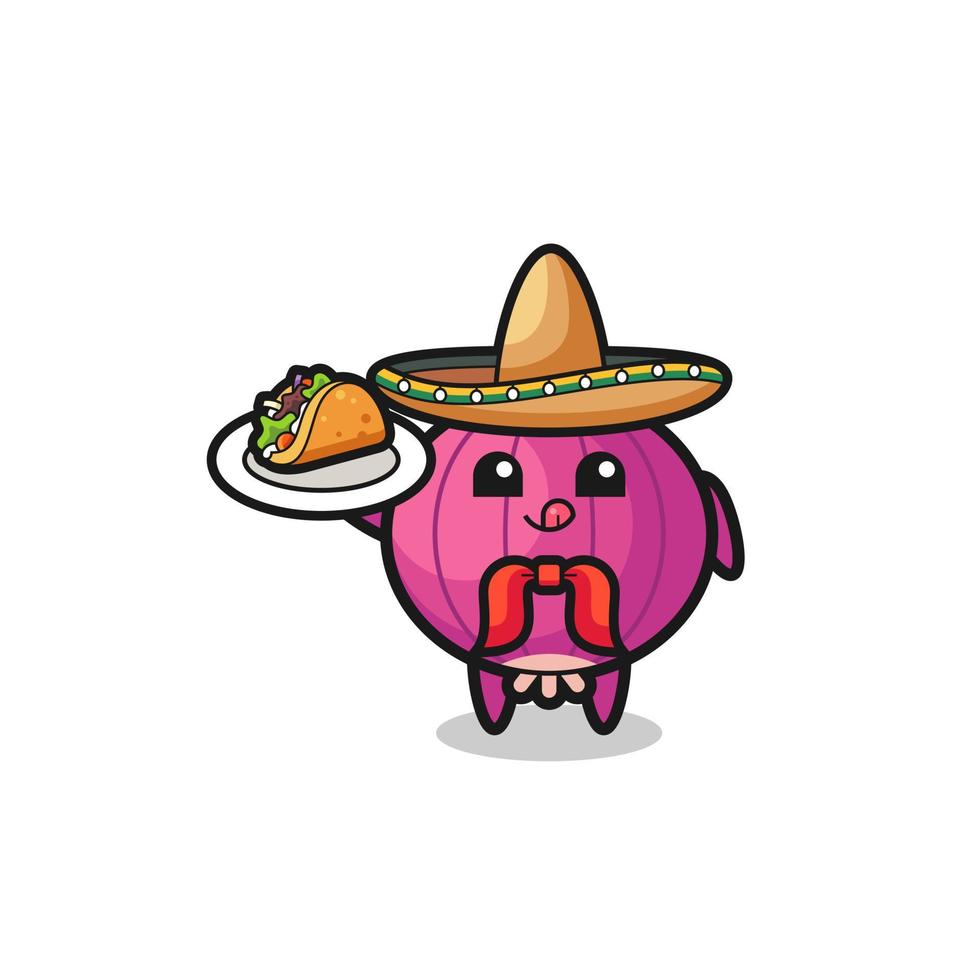 mascota de chef mexicano de cebolla sosteniendo un taco vector