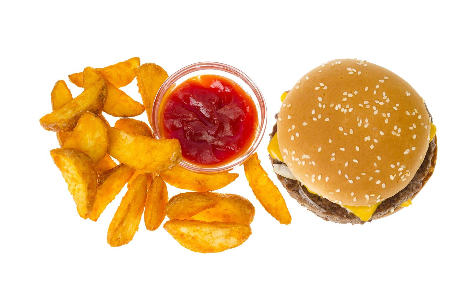 Rustic potato, hamburger, ketchup, fast food. Photo