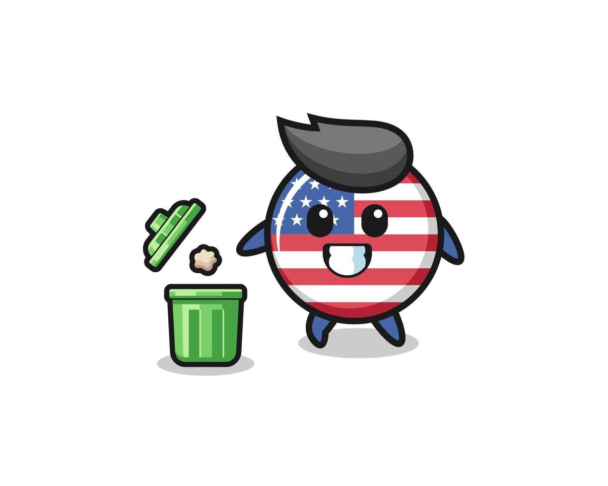 Ilustración de la bandera de Estados Unidos tirando basura en el bote de basura vector