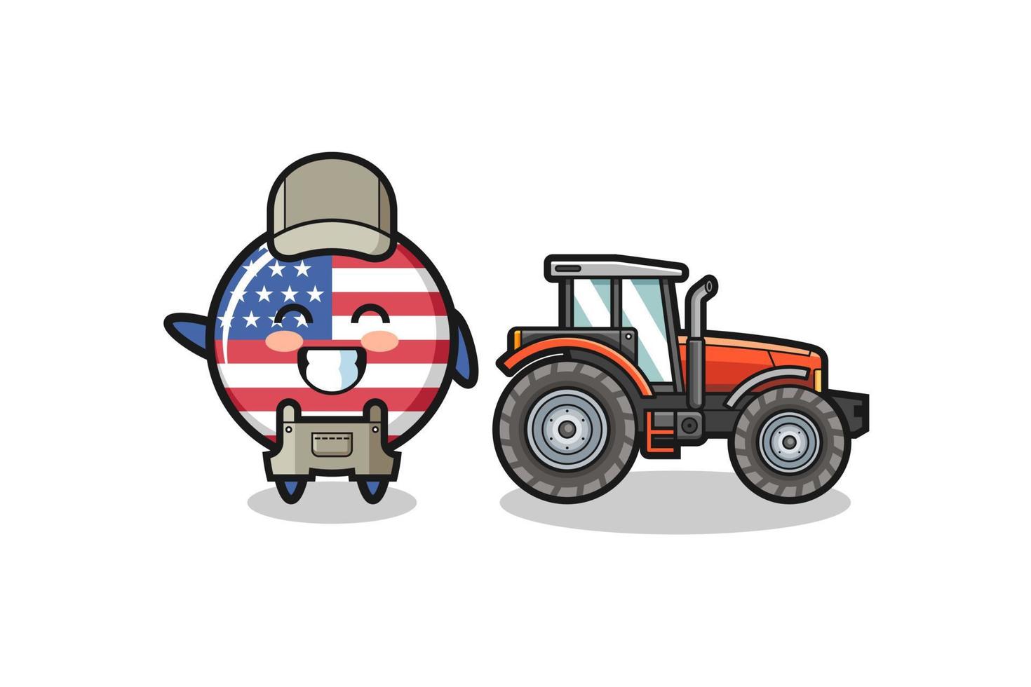 La mascota del granjero de la bandera de los Estados Unidos de pie junto a un tractor vector