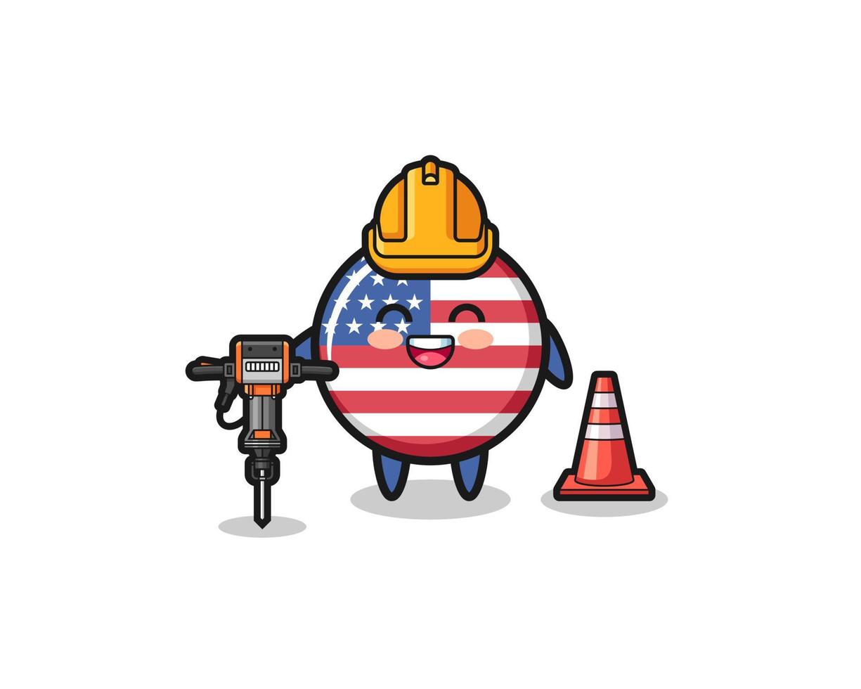 road worker mascot of united states flag holding drill machine vector