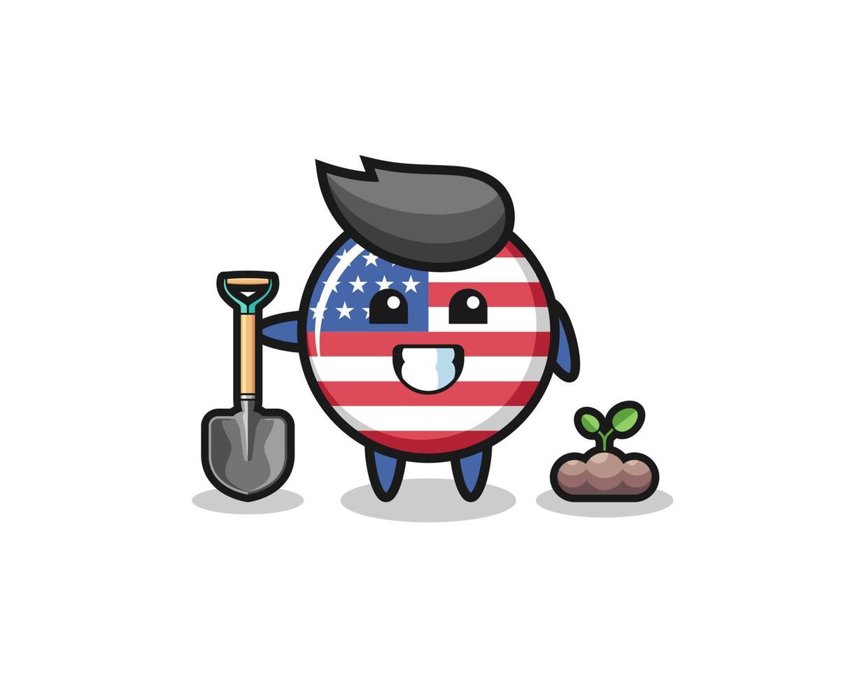 cute united states flag cartoon is planting a tree seed vector
