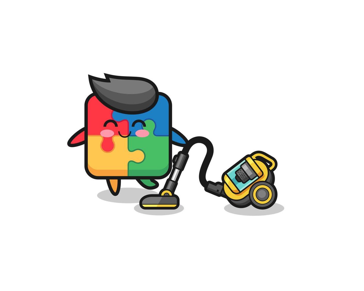 cute puzzle holding vacuum cleaner illustration vector