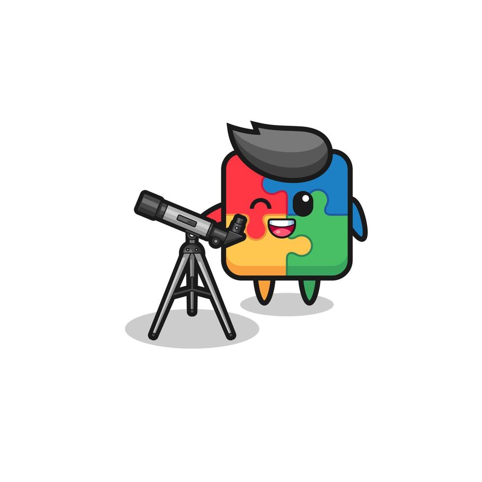 puzzle astronomer mascot with a modern telescope vector