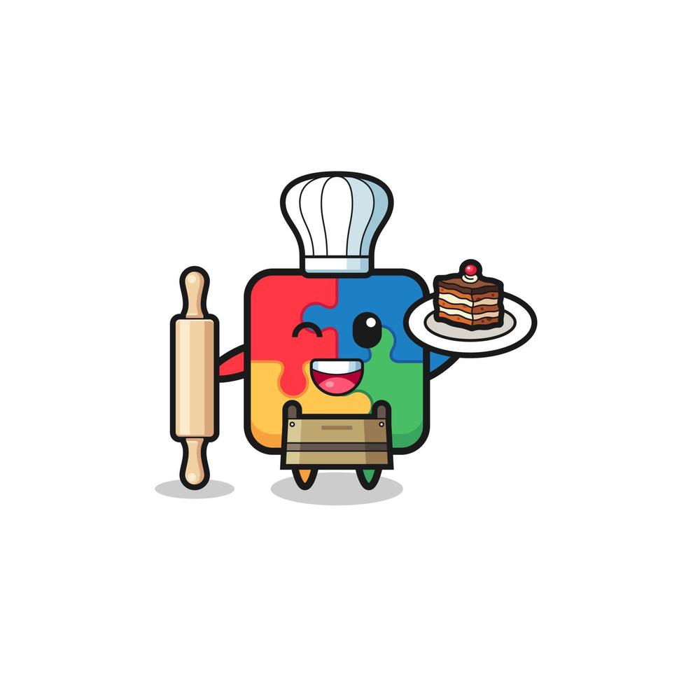 puzzle as pastry chef mascot hold rolling pin vector