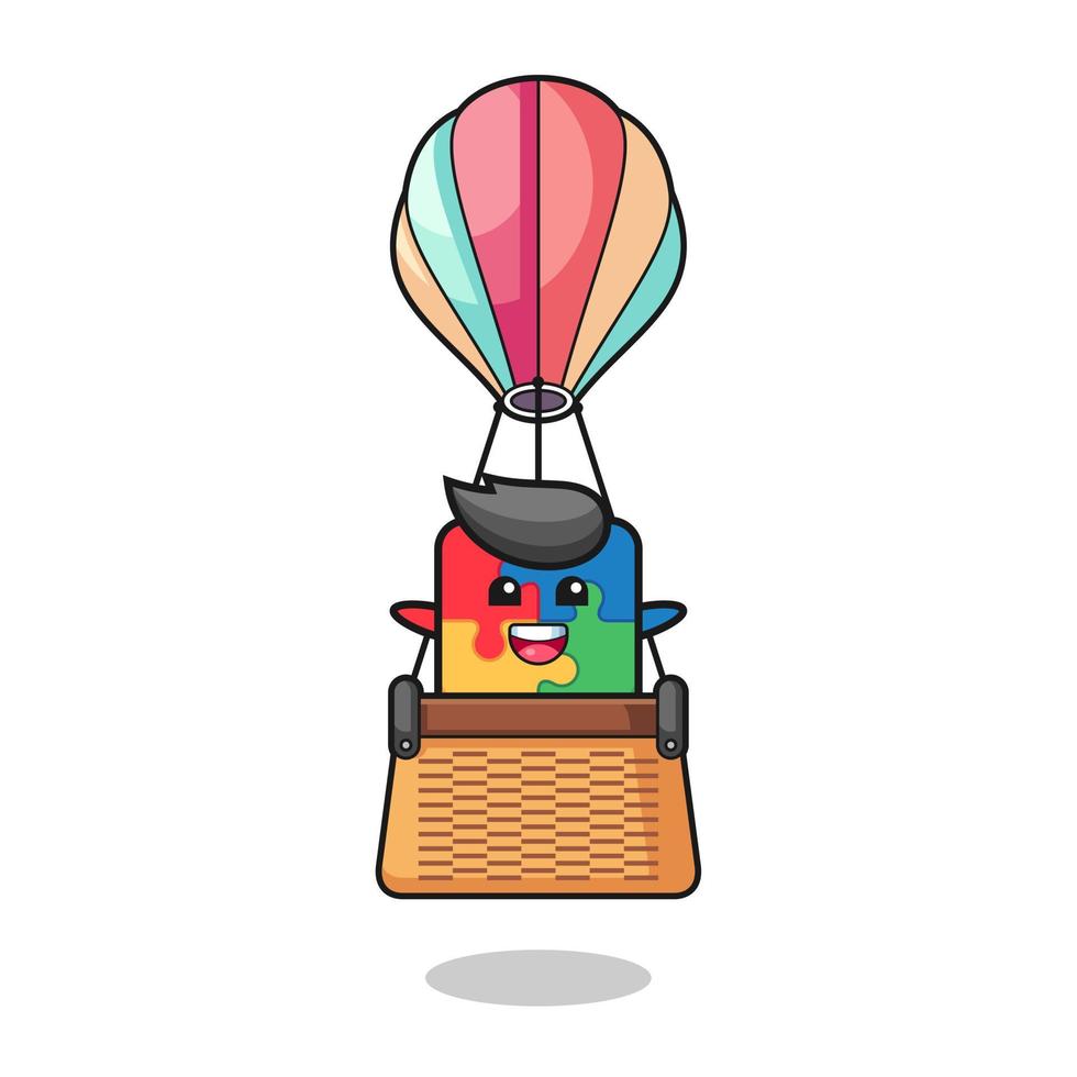 puzzle mascot riding a hot air balloon vector