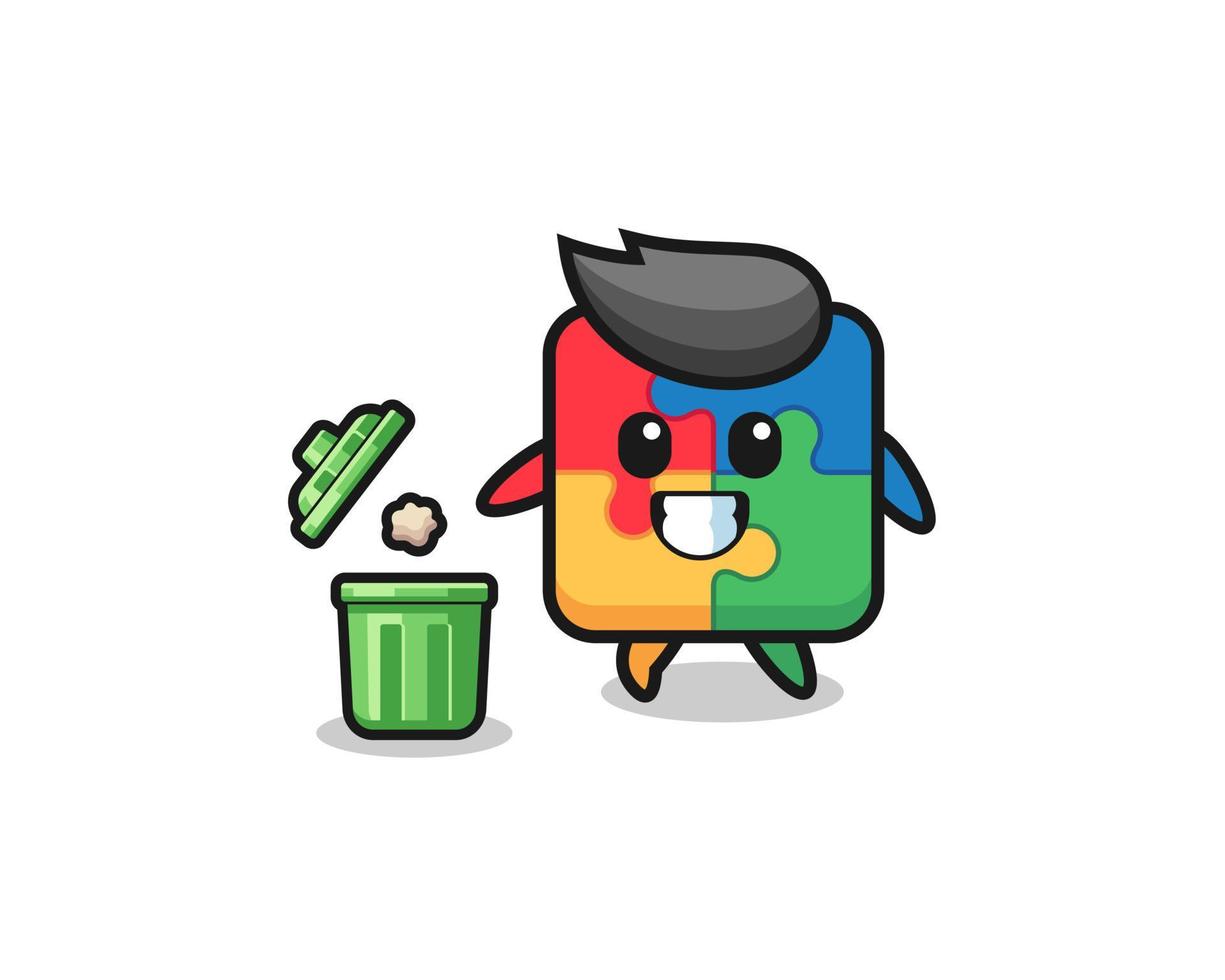 illustration of the puzzle throwing garbage in the trash can vector