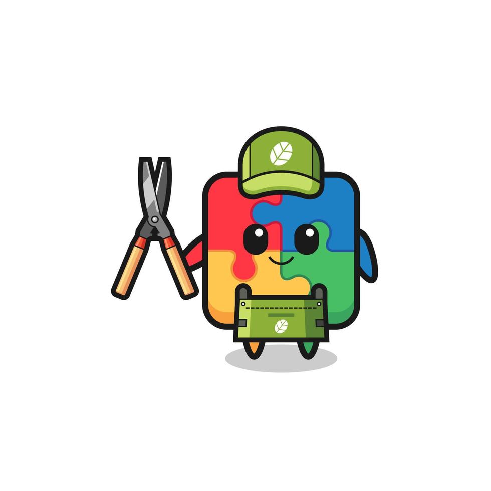 cute puzzle as gardener mascot vector