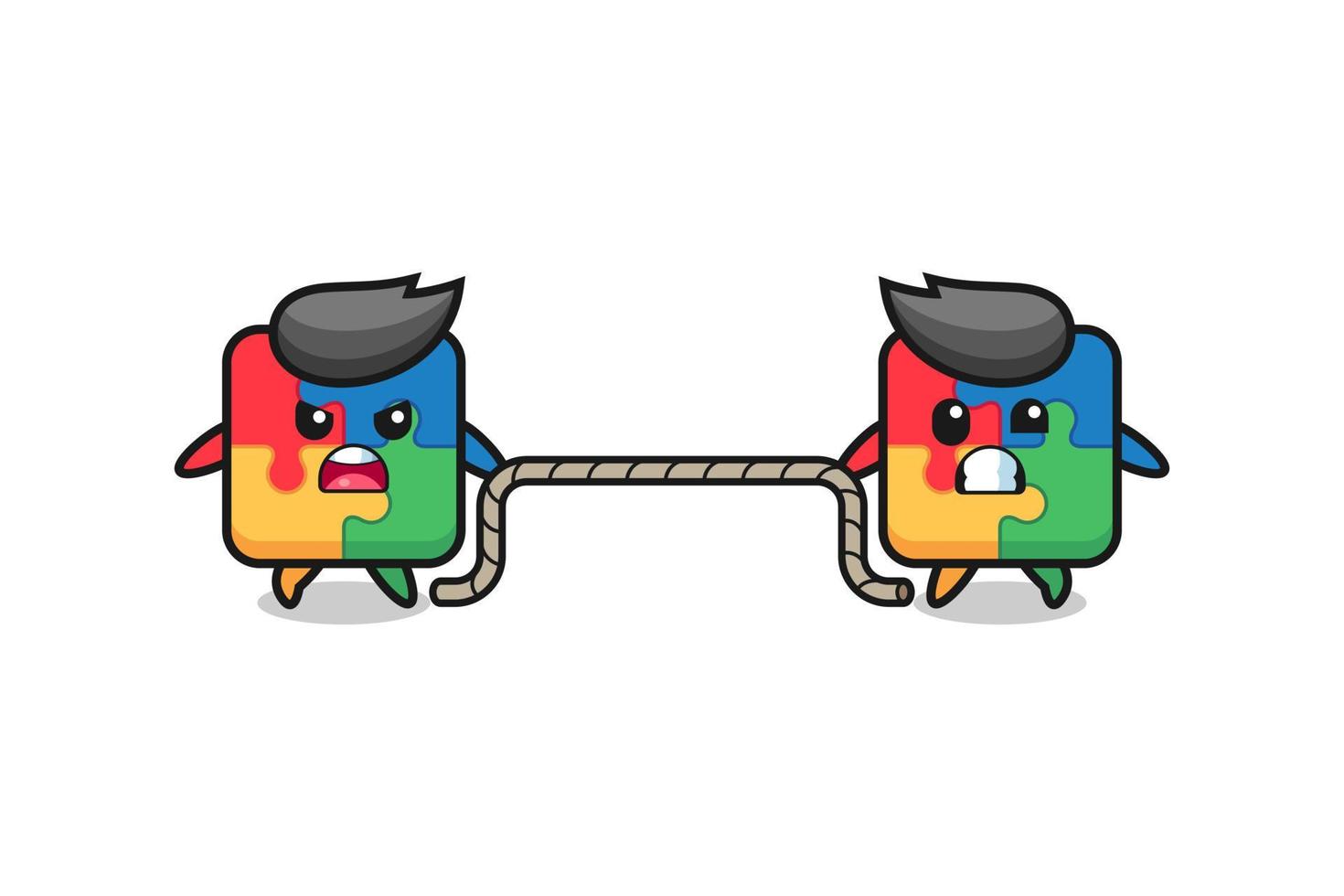 cute puzzle character is playing tug of war game vector