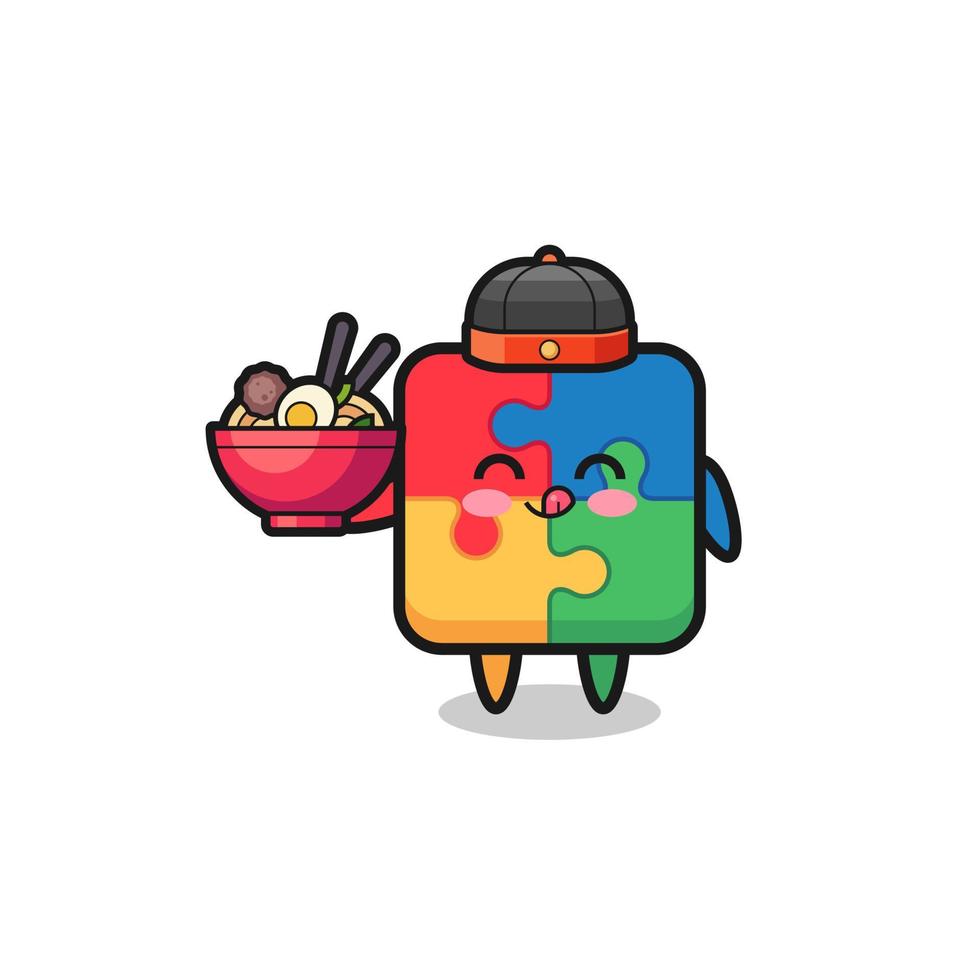 puzzle as Chinese chef mascot holding a noodle bowl vector