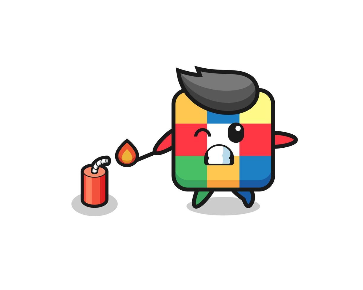 cube puzzle mascot illustration playing firecracker vector