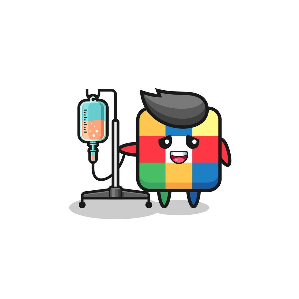 cute cube puzzle character standing with infusion pole vector