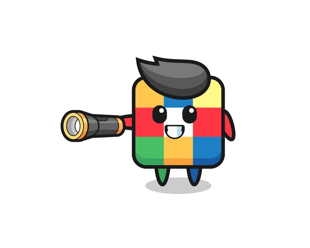 cube puzzle mascot holding flashlight vector