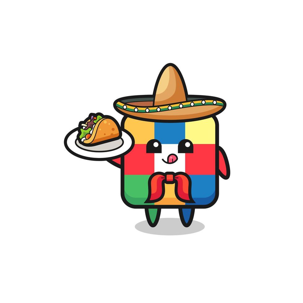 cubo rompecabezas mascota chef mexicano sosteniendo un taco vector