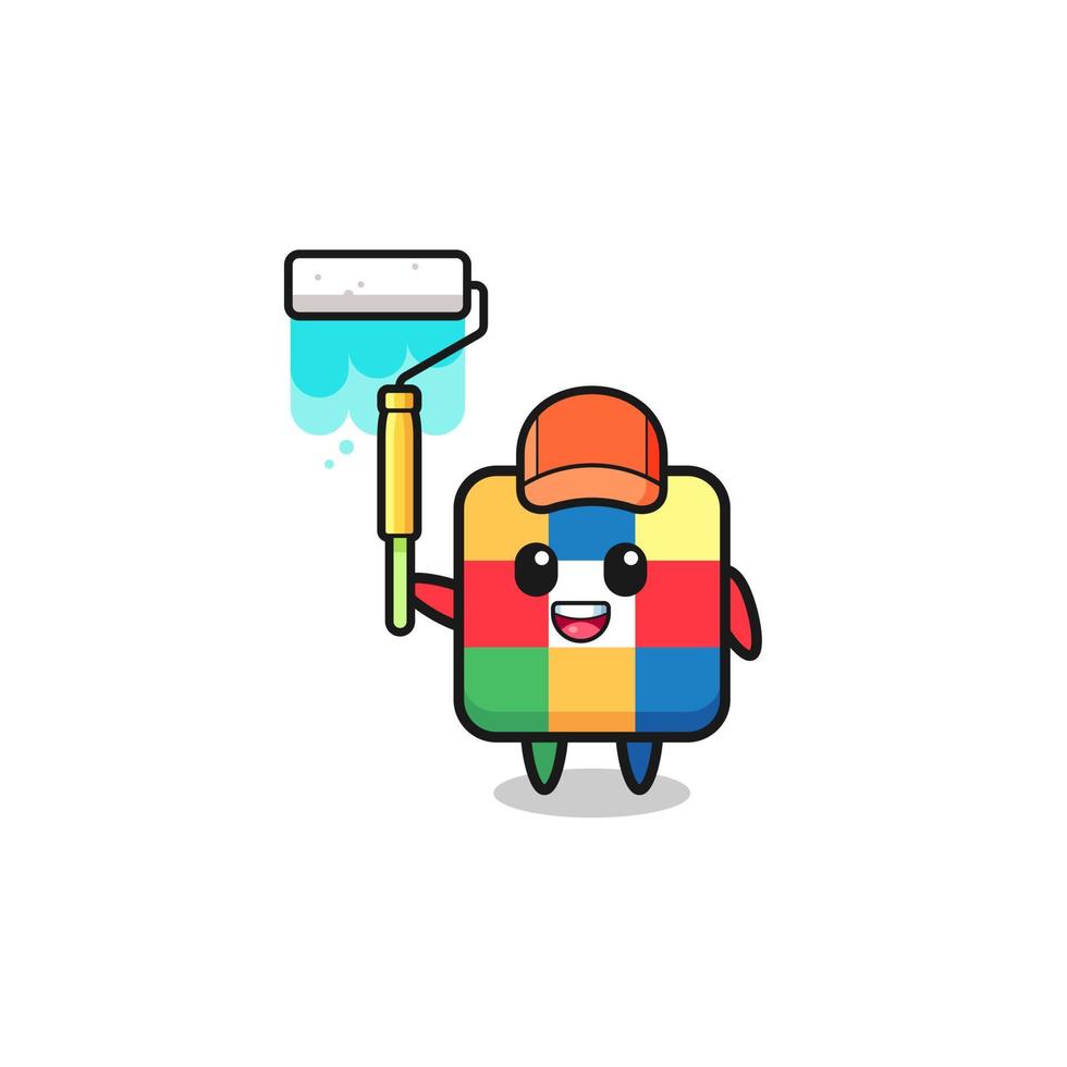 the cube puzzle painter mascot with a paint roller vector