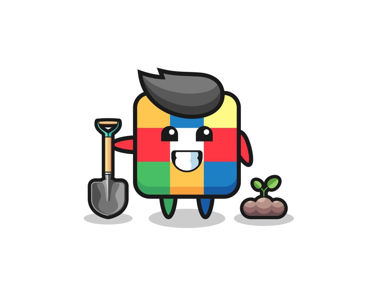 cute cube puzzle cartoon is planting a tree seed vector