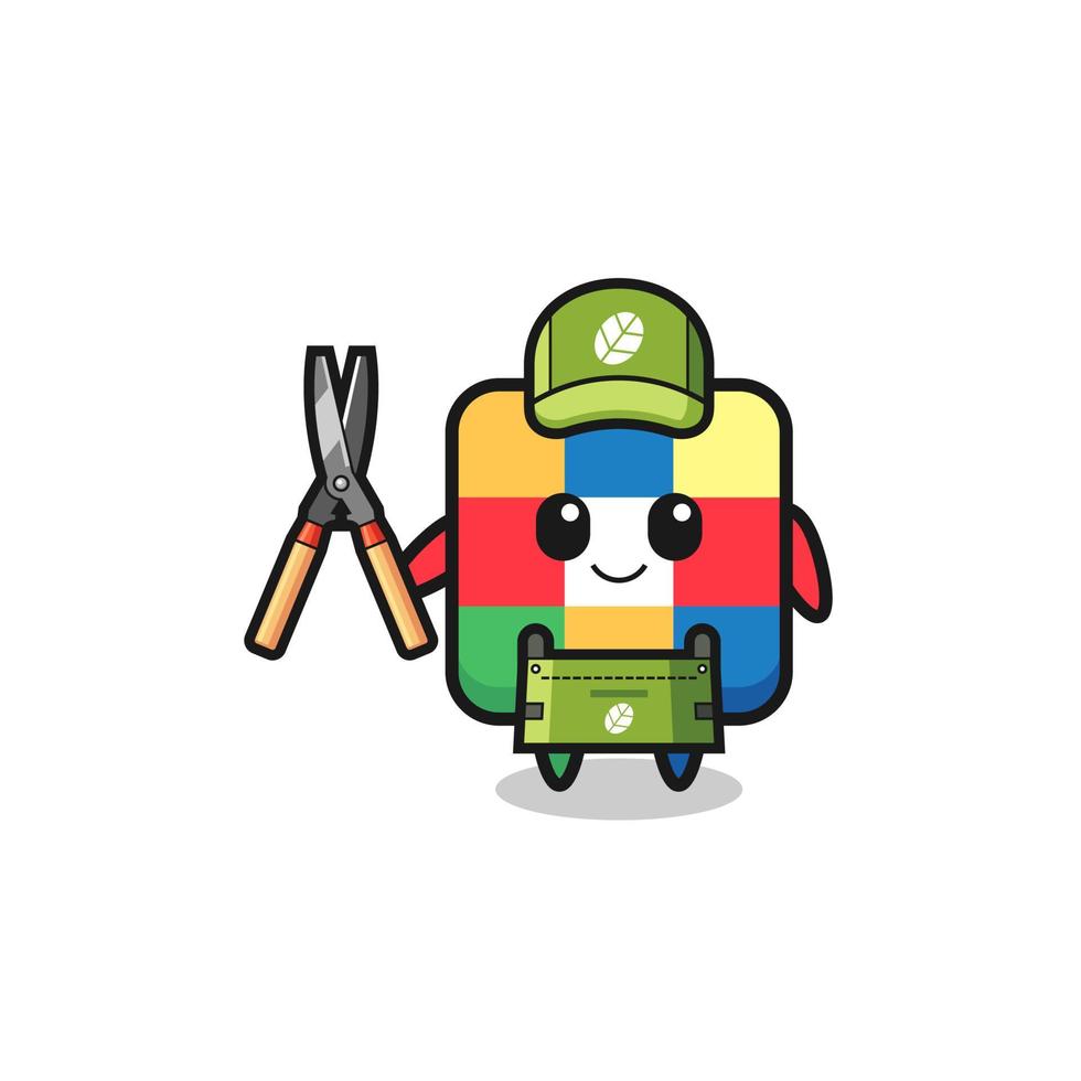cute cube puzzle as gardener mascot vector