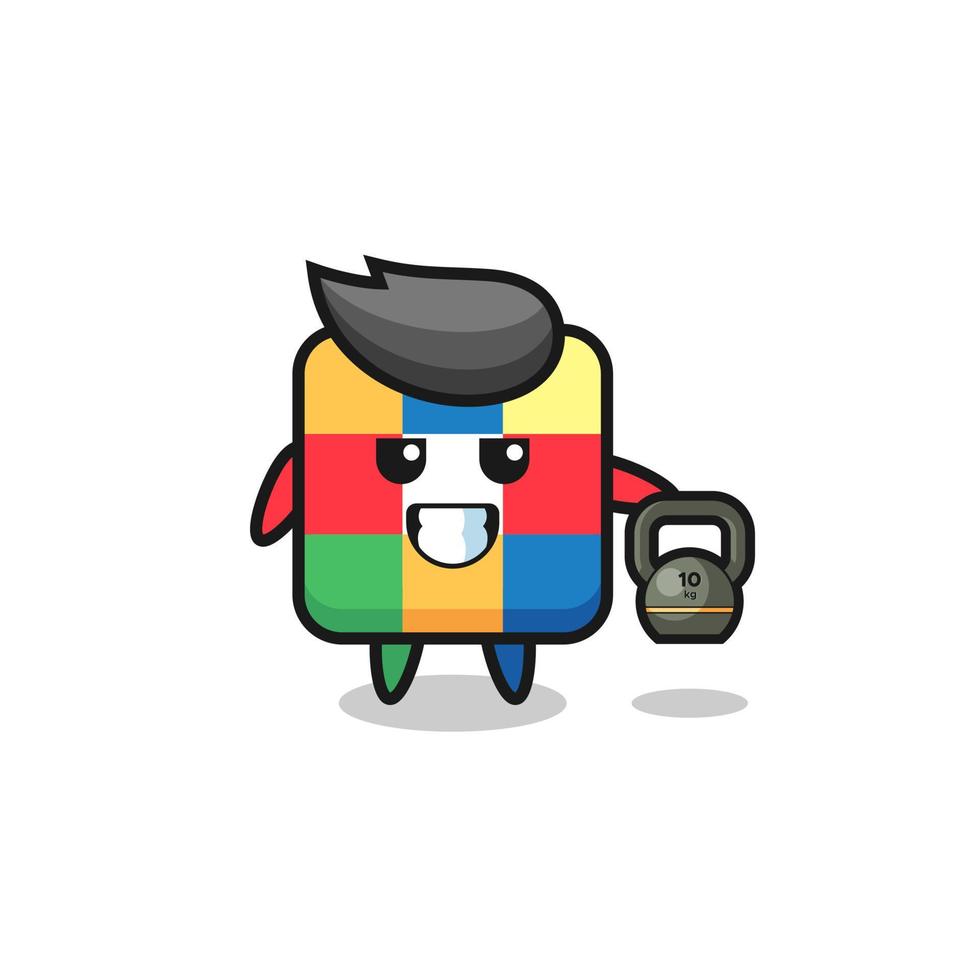 cube puzzle mascot lifting kettlebell in the gym vector