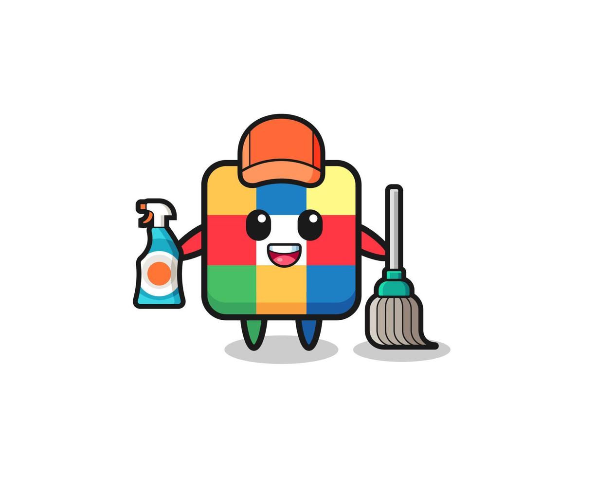 cute cube puzzle character as cleaning services mascot vector