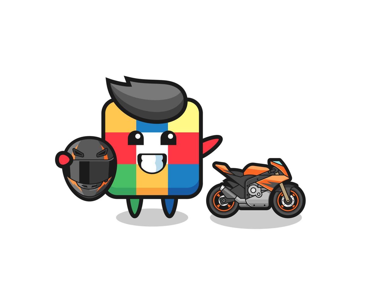 cute cube puzzle cartoon as a motorcycle racer vector