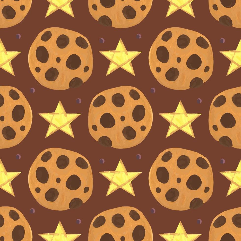 vacaciones de invierno dibujado a mano de fondo sin fisuras patrón feliz navidad y feliz año nuevo galletas de chocolate con diseño de empaque de papel de envoltura de estrella vector