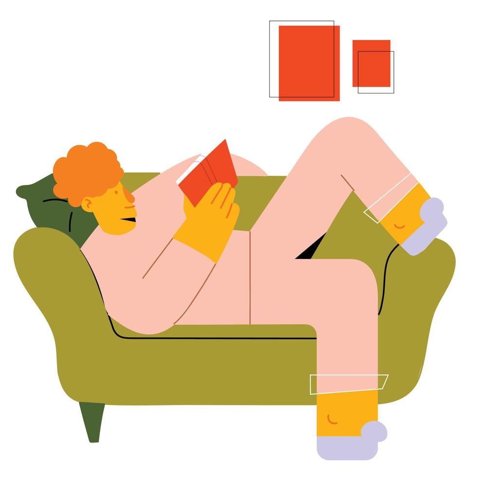 Boy reading book while relaxing on sofa vector
