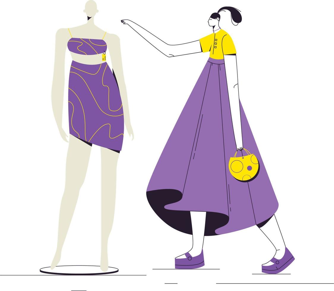 Woman looking at mannequin dress vector