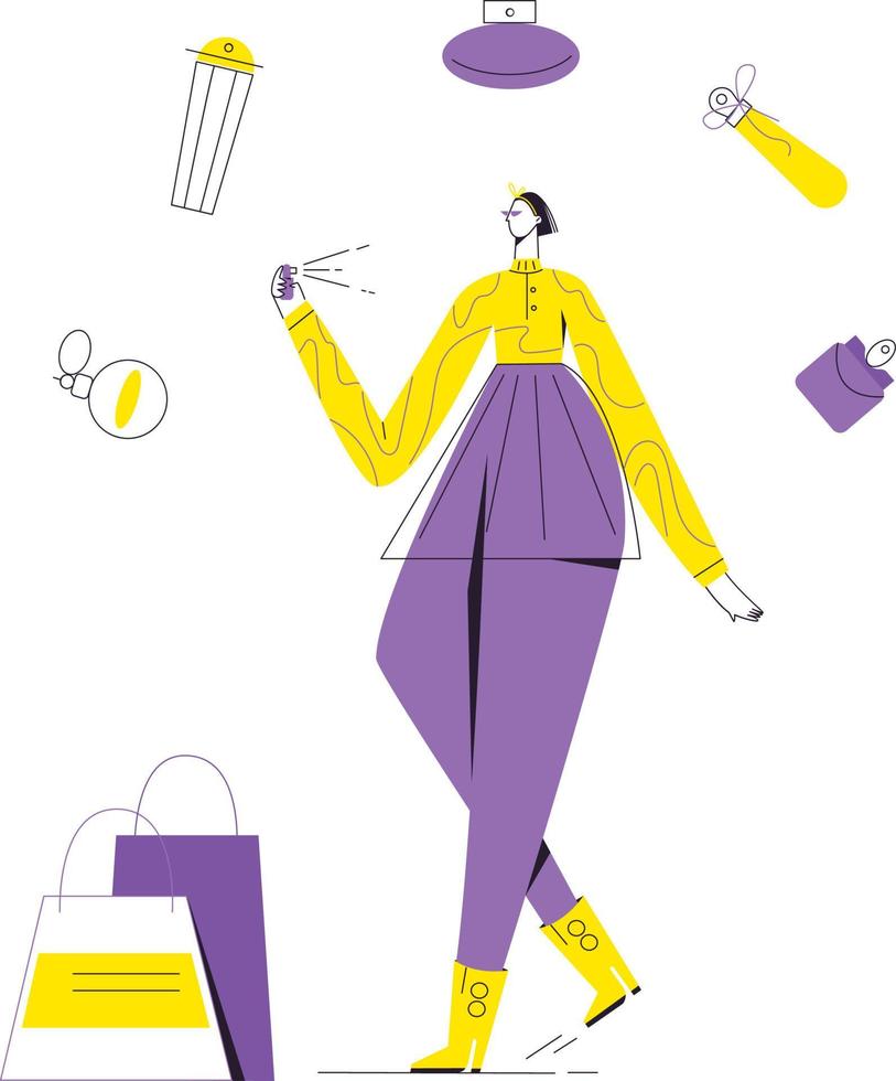 Lady testing and buying perfumes vector