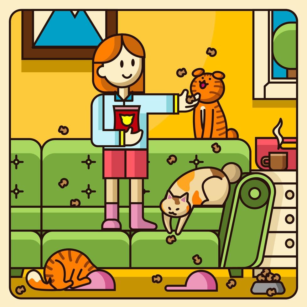 Children Playing with Her Cats at Home vector