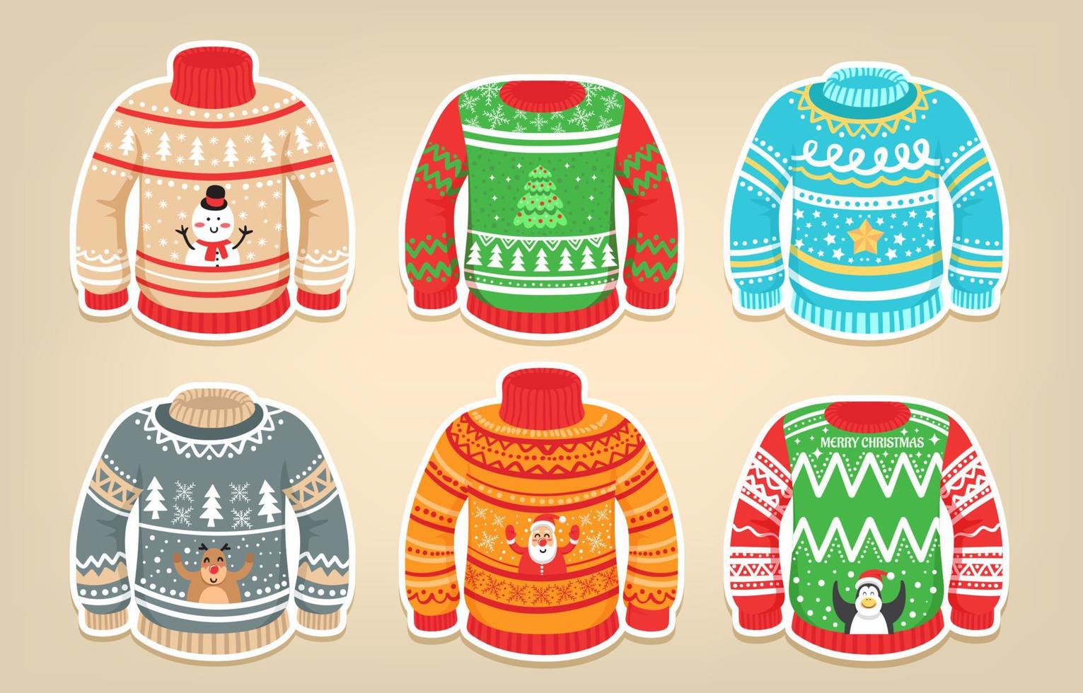 conjunto de pegatinas navideñas de suéter feo vector