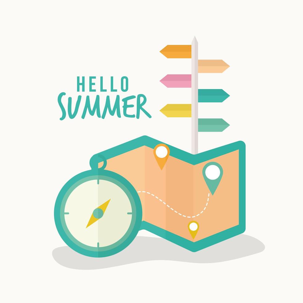 hello summer lettering with compass and map vector