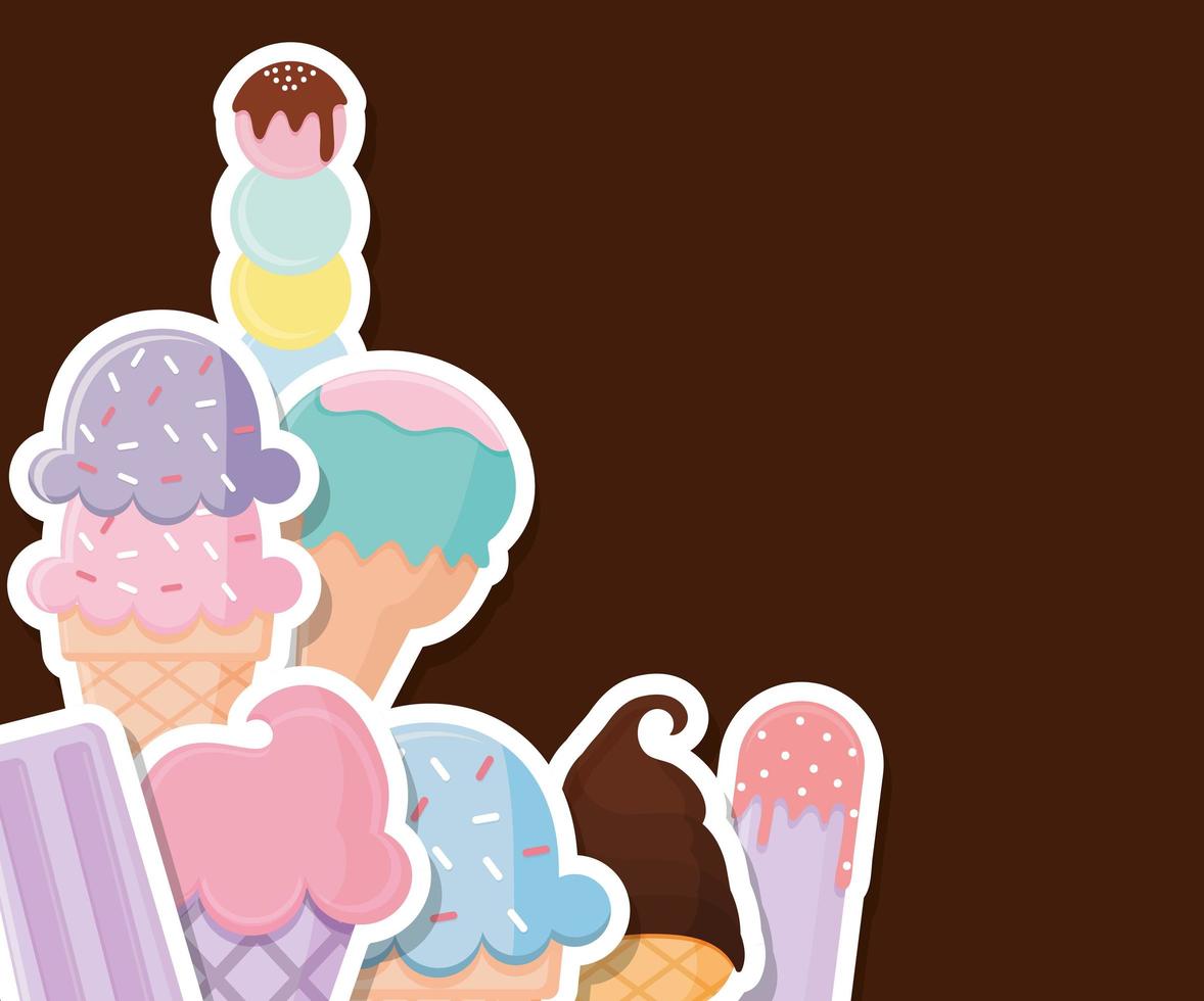 gruop of ice cream icons on a brown background vector