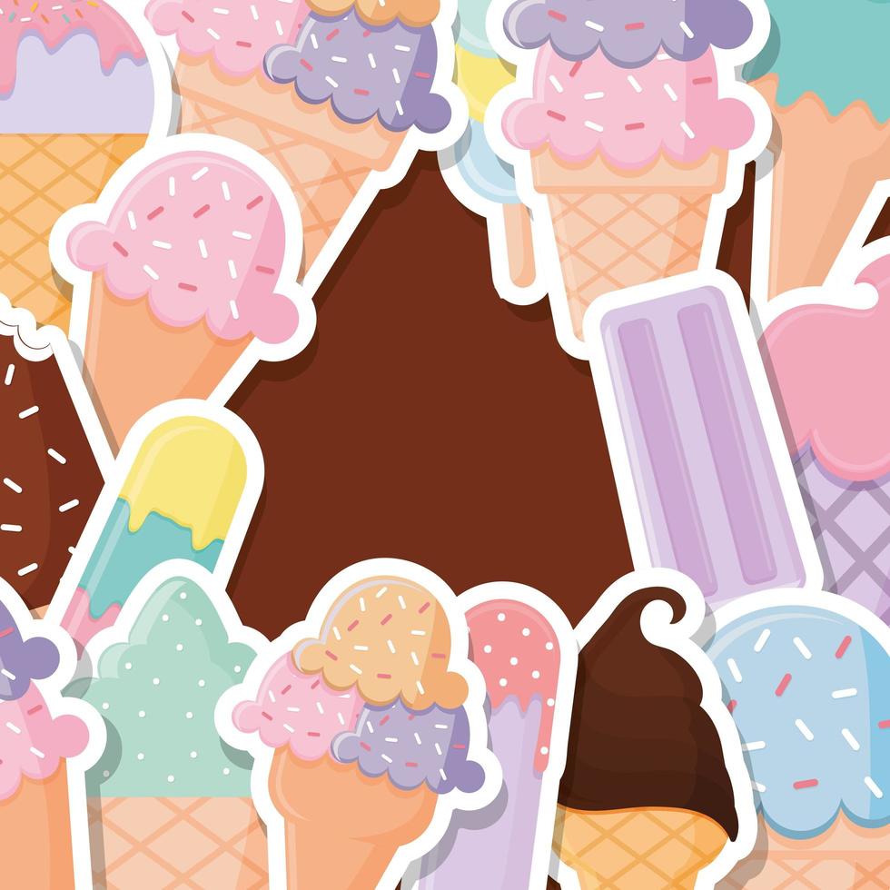 gruop of ice cream icons over a brown background vector