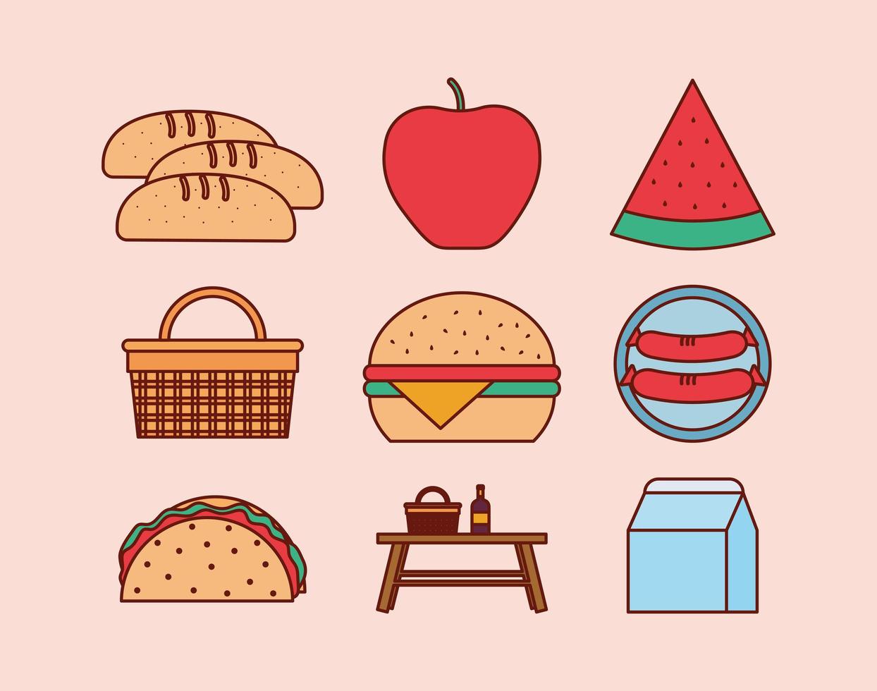 set of picnic icons on a pink background vector