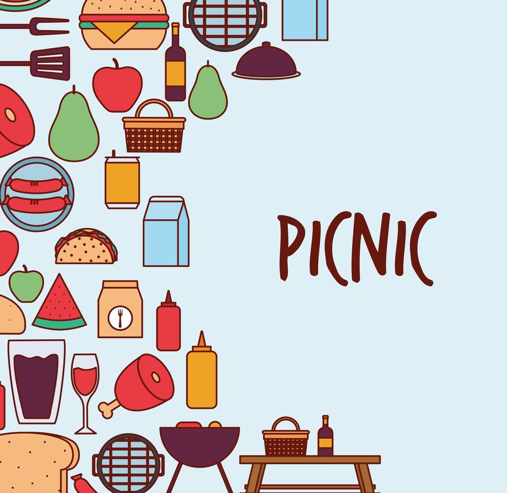 set of picnic icons and picnic lettering over a blue background vector