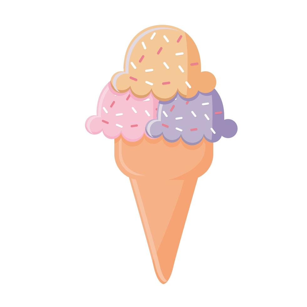 helado con tres bolas de color morado, rosa y naranja en un cono vector