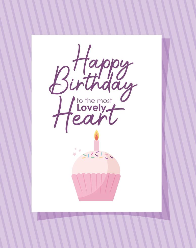 cupcake card with happy birthday to the most lovely heart lettering on a purple background vector