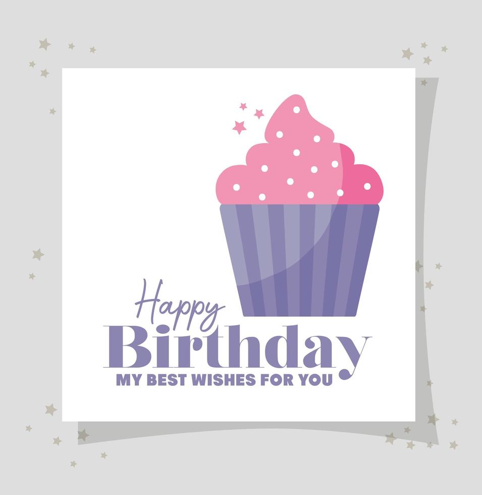 Tarjeta de cupcake con feliz cumpleaños mis mejores deseos para ti letras sobre un fondo gris vector