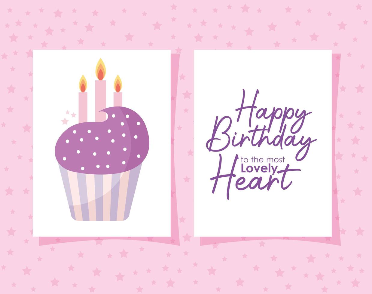 cupcake card with happy birthday to the most lovely heart lettering vector