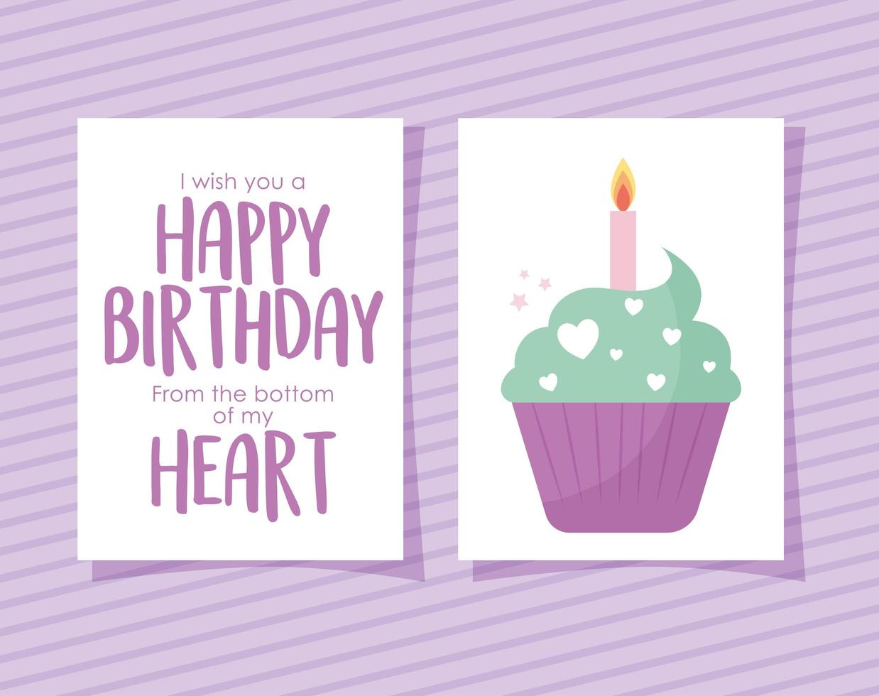 cupcake card with i wish youy a happy birthday of the botton of my heart lettering vector